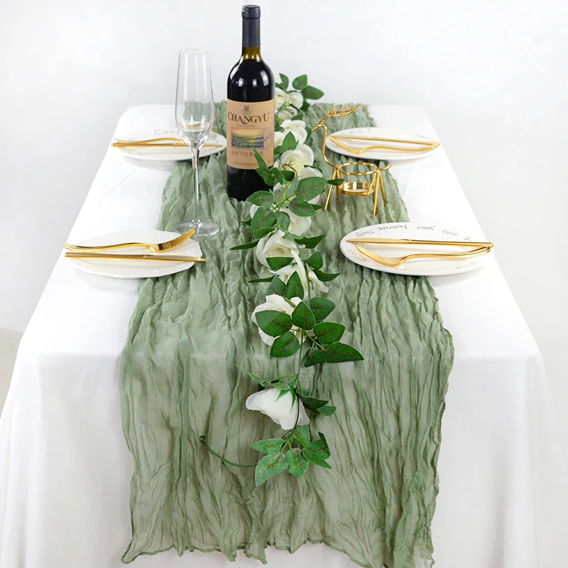 

Sage Green Cheesecloth Table Runner Solid Color Balinese Crinkle Gauze Cloth Table Flag Wedding Party Dining Vintage Table Decor