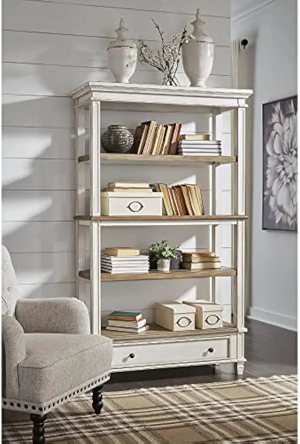 Realyn French Country 75" Bookcase with Drawer, Chipped White