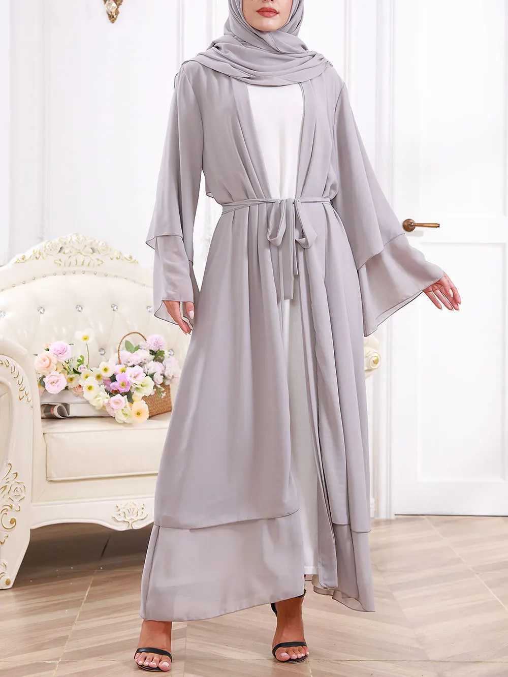 Ramadan Eid Chiffon Open Abaya Kimono Dubai Turkey Islam Kaftan Muslim Hijab Dress Belted Abayas for Women Robe Femme Musulman