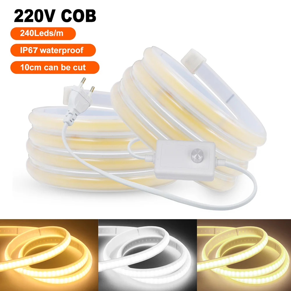 

Led 220v Neon COB Strip Light Dimmable AC220V Silicone Neon Lights with Switch Dimmer Power Kit Warm White Linear lighting