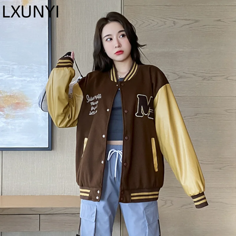 

Varsity Jackets Women Korean Trend 2023 New Contrast Color Autumn Loose Plus Size Embroidered Letter Pu Leather Student Coat
