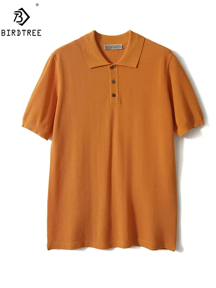 

Мужская трикотажная рубашка-поло BirdTree, шелковая хлопковая рубашка-поло с коротким рукавом и пуговицами, свободная Освежающая драпировочная футболка, весна 2024, T448130QM