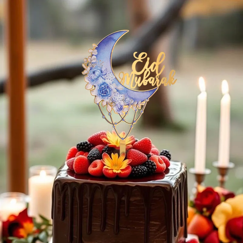 Eid Mubarak Acrylic Cake Topper Moon Flower Cake DIY Decoration 2025 Islamic Muslim Ramadan Party Supplies Eid Gift Baking Tools