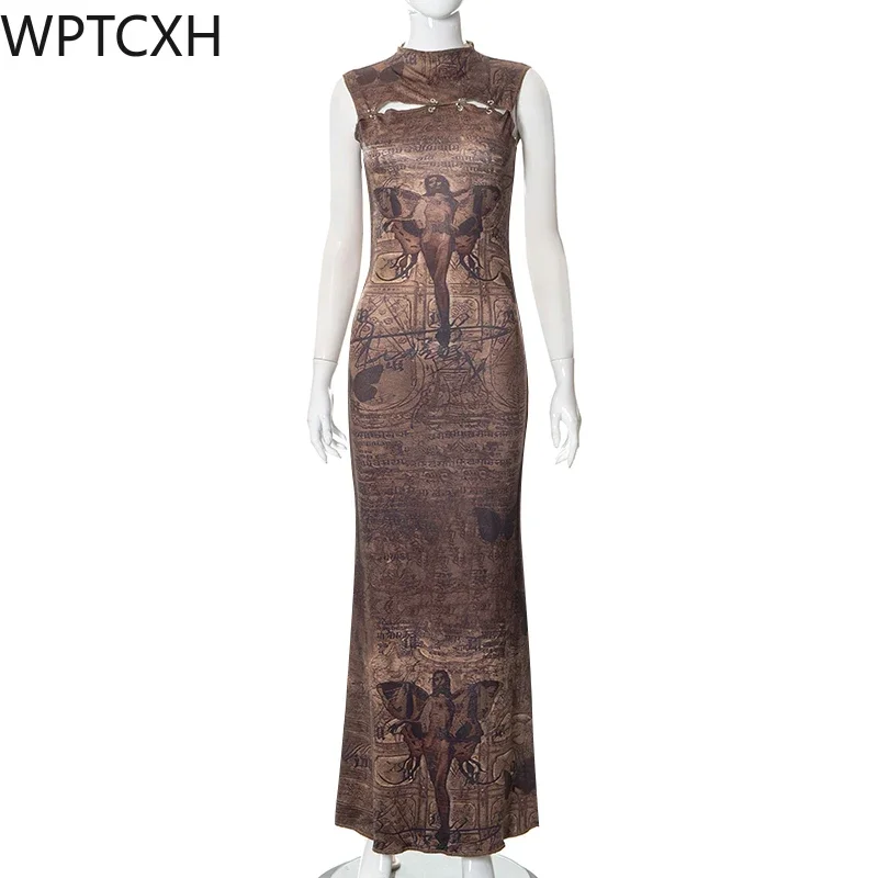 

2024 Female Spring High Quality Print Sleeveless Bodycon Dress Maxi Sexy Hollow Out Summer Beach Casual PartyHot Selling Dresses