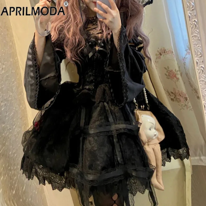 Japanese Style Kawaii Lace Lolita Dress Victorian Gothic Vintage Girl Sweet Princess Holiday Party Robe Women Black Sling Dress