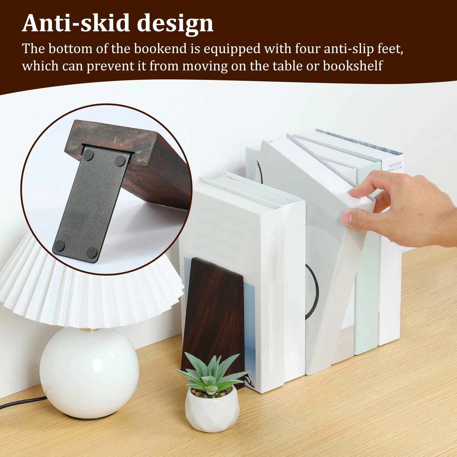 Wooden Bookends Desktop Book Organizer Metal Base Magazine Folder Storage Desk Shelf Office Home Book Accessories 2Pcs