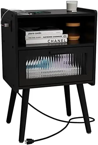 

Century Modern Nightstand with Charging Station, Bedside Tables with Glass Door, End Table Side Table with 2 Tiers Storage Space