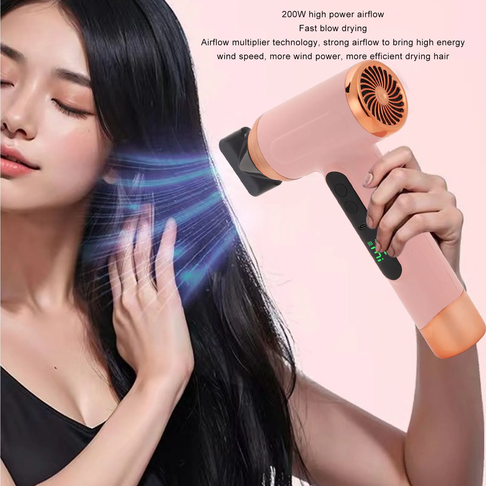 Portable Hair Dryer USB Charging Ergonomic Grip Hot And Cold Air Hair Dryer 200W Fast Drying With Nozzle For Travel
