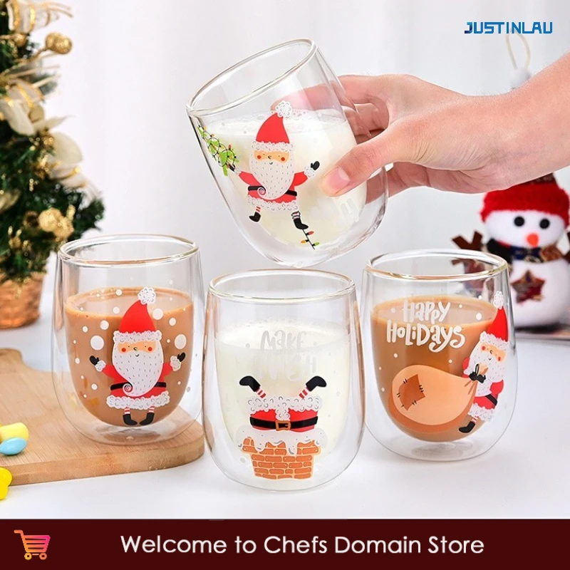 Christmas Double Wall Glass Cups Santa Claus Pattern Heat-resistant Water Cup Home Juice Tea Milk Coffee Mug Xmas Gift Drinkware