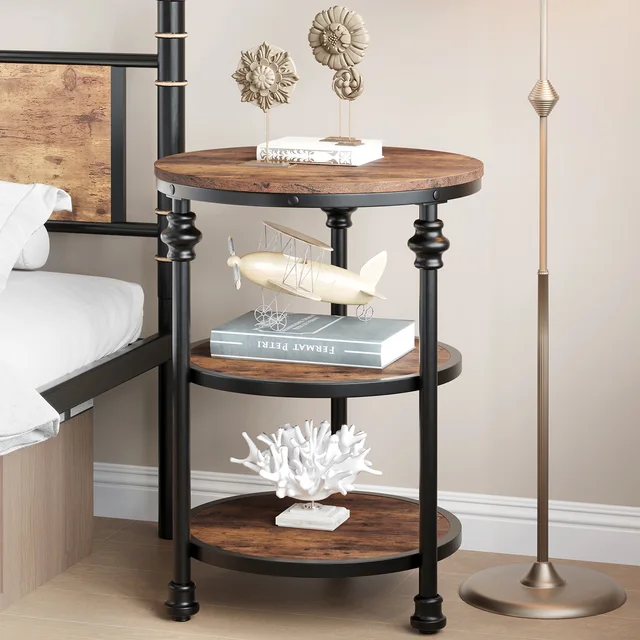 Table basse ronde à 3 niveaux peu encombrante – Cadre en métal industriel moderne – Étagères de rangement – Table d'appoint pour canapé pour salon, chambre à coucher, petits espaces 1