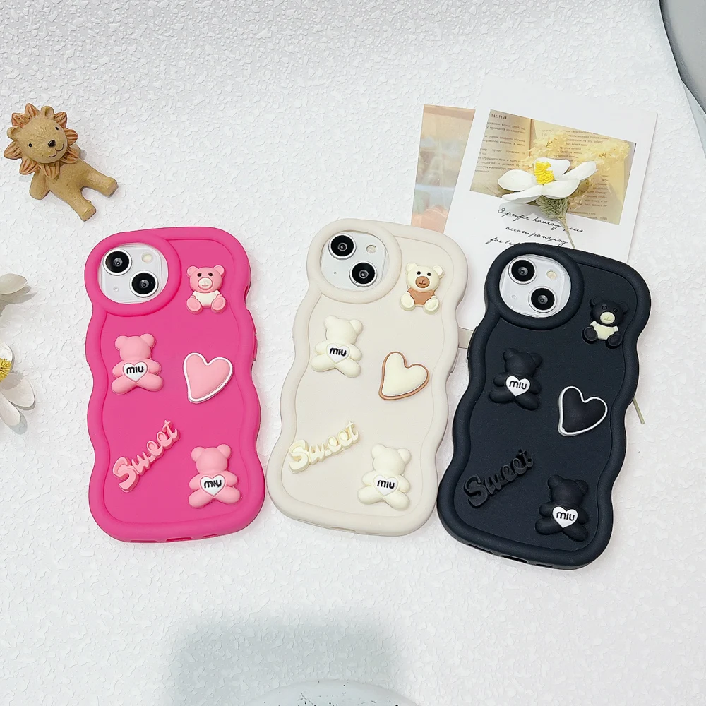 3D DIY Wave Phone Cases For iPhone 15 Case iPhone 13 Pro Max 14 16 11 12 Xs X XR 6 7 8 Plus SE 2022 Korea Cute Bear Soft Cover