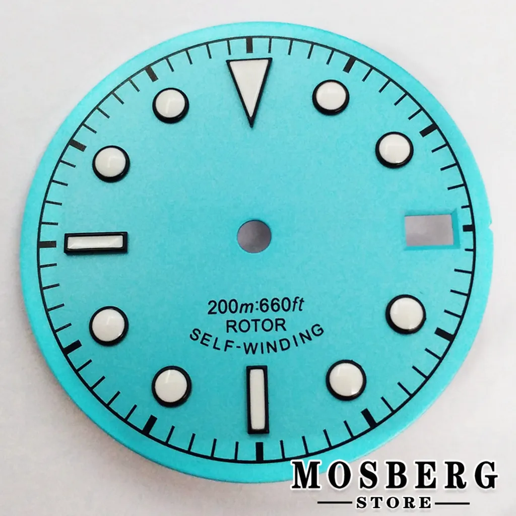 Sterile Luminous Black and Green Watch Dial with Date Window and Hands - 28.5mm