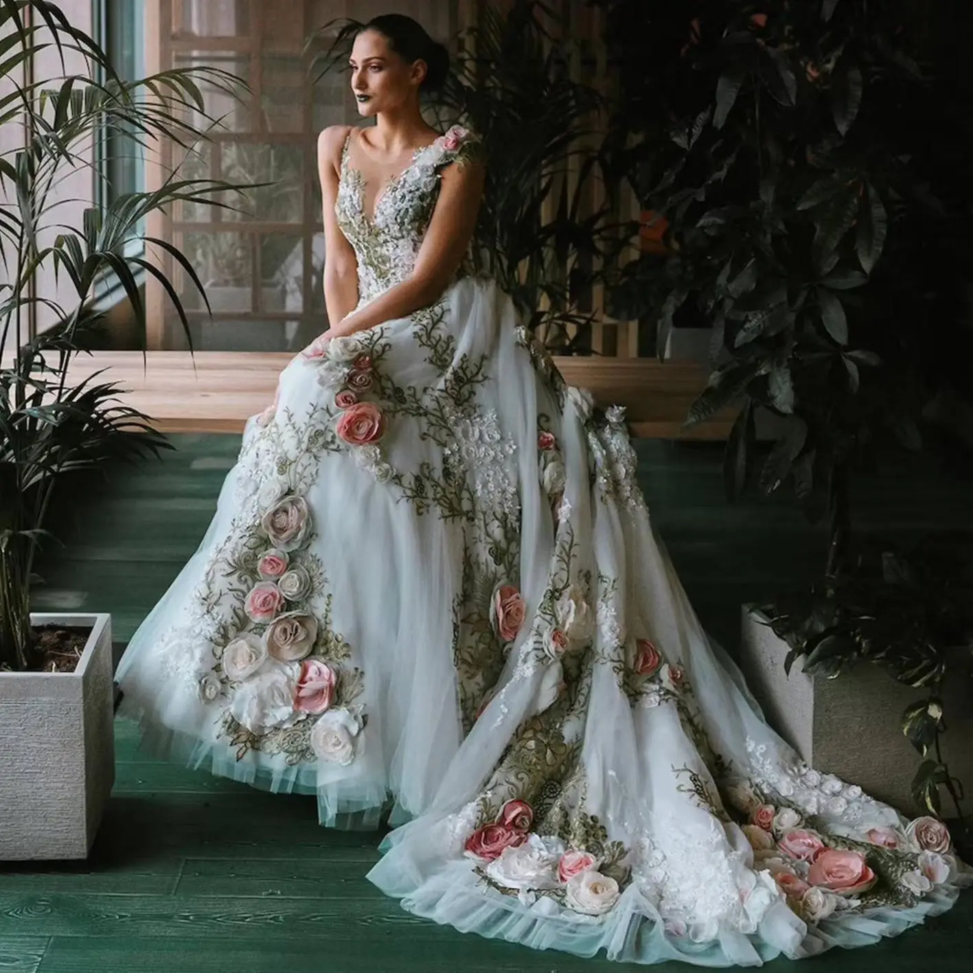 Elegant 3D Floral Wedding Dresses Sheer V Neck Backless Sweep Train Bridal  Gowns | eBay