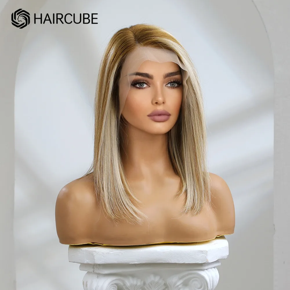 Brown Highlight Wig Human Hair Straight Bob Lace Frontal Wigs for Women 14 inch Blonde Remy Human Hair Side Part Lace Part Wig