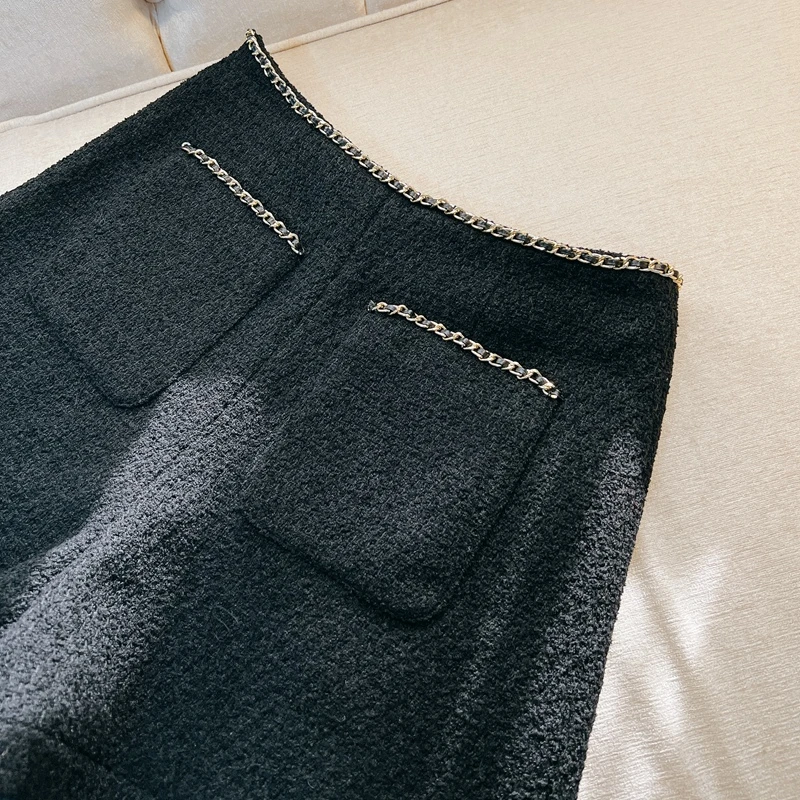 High-end Women's Tweed Shorts Autumn Winter Elegant High Waist Chain Black Woolen Short Pants Lady Chic Bootcut Shorts