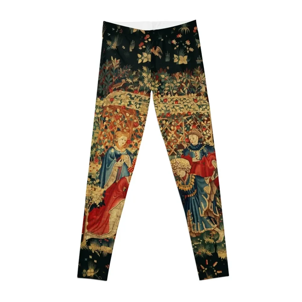 Falcons Bath Rosso Blu Antico Arazzo Medievale, Figure Corte, Uccelli, Fiori, Leggings A Traliccio Rosa