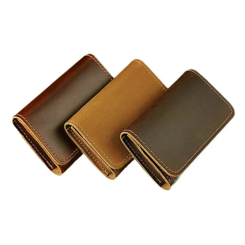 GENODERN Men's Cowhide Card Holder Crazy Horse Leather Slim Wallet with Button for Cards & Cash Stylish Credit Card Holders