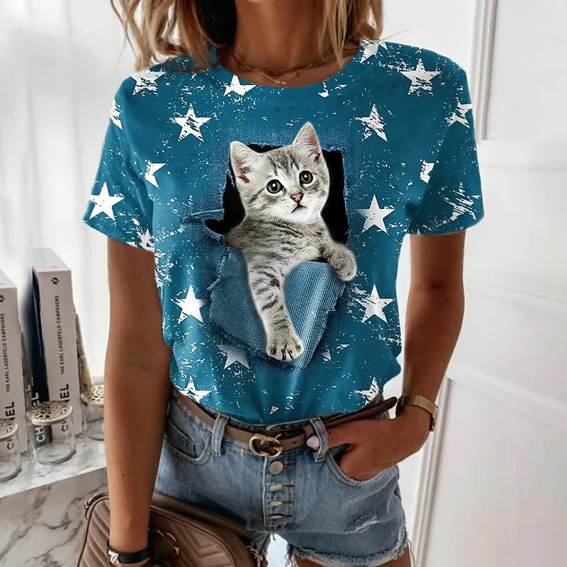 

Women's T-Shirt Cute Cat Graphics Fashion Print Tee Short Sleeve Summer Animal TShirt O-Neck Female Top Oversized Casual Clothes