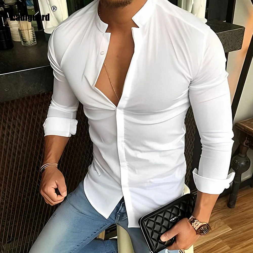 

Men Long Sleeves Elegant Leisure Casual Street Blouse 2023 European Fashion Basic Top Camisa Mandarin Collar Shirt blusas hommes