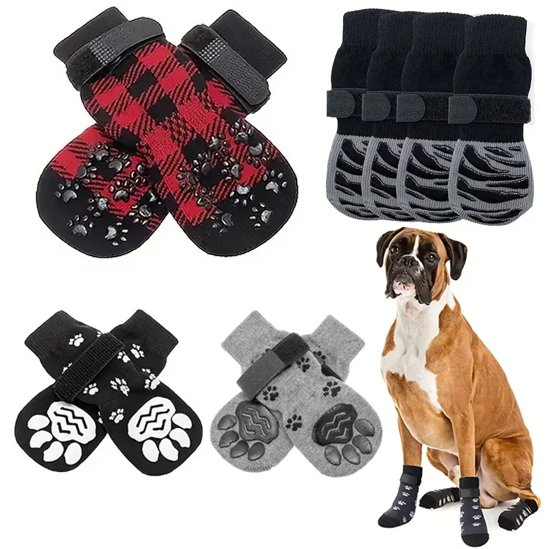 Anti-Slip Dog Socks Paw Protector Traction Control Adjustable Indoor Wear Knitted with Rubber Reinforcement 4Pcs/set dog socks