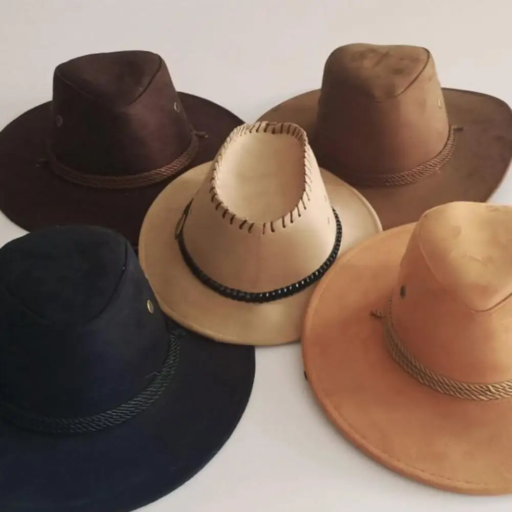 

Western Cowboy Hat Monochrome Felt Hat Adjustable Big Brim Outdoor Hat With Wind Rope Men Women Knight Hat HorsebackTourism Cap