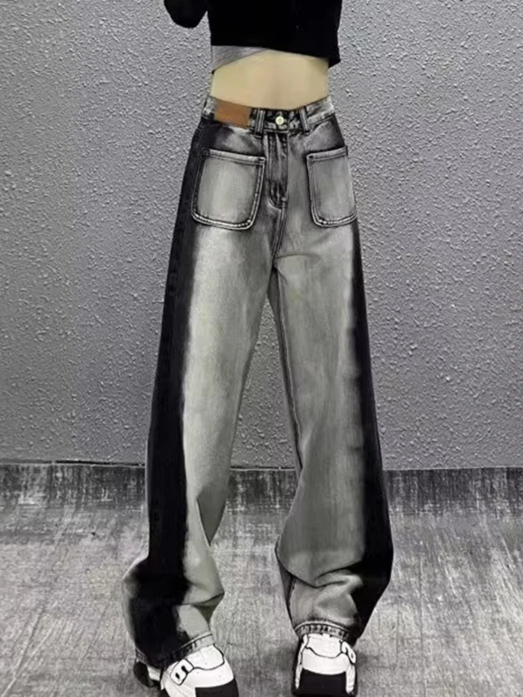 

Retro Grey Black Contrast Denim High Waist Loose Wide Leg Pants 2023 Autumn New Fashion Women'S Clothing