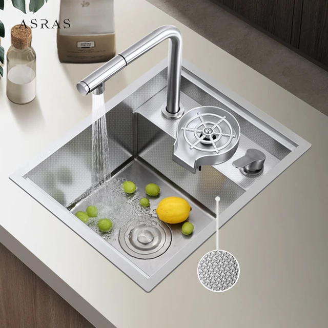 SUS 304 Island ซ่อนอ่างล้างจานข้าว Grain ลายนูนป้องกันรอยขีดข่วน Handmade เคาน์เตอร์บาร์อ่างล้างจานพร้อมถ้วย Rinser 1