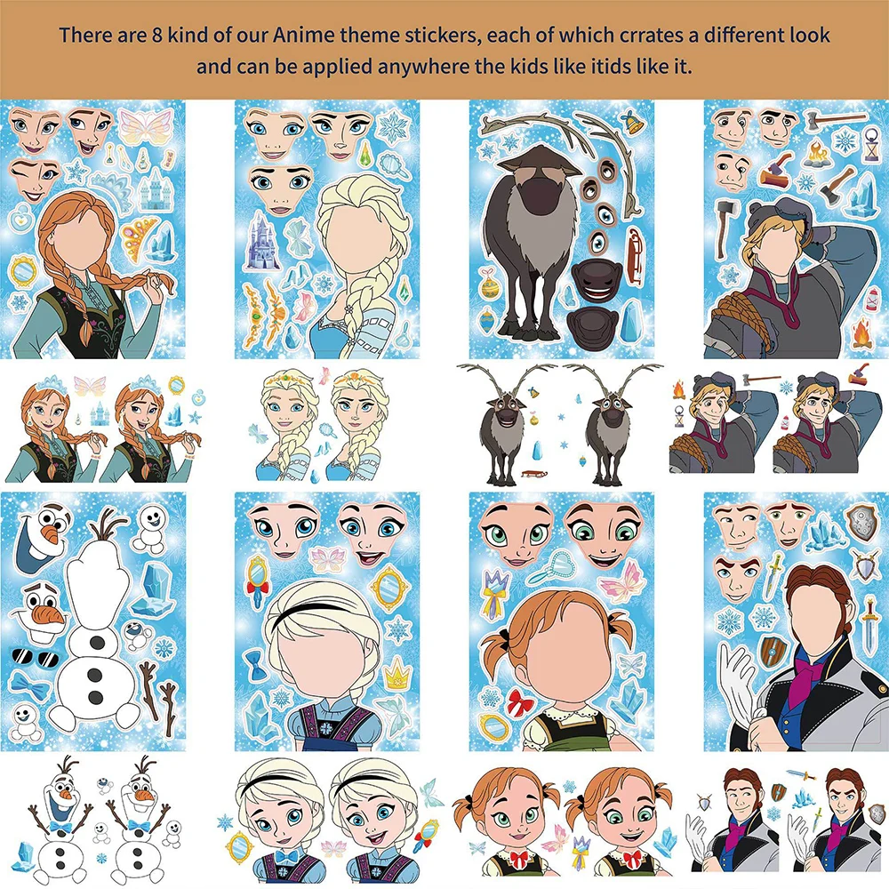 8/16Sheets Disney Frozen Puzzle Stickers Make a Face Create Your Own Elsa Olaf Anna Kids Toy Assemble Jigsaw Children Party Game 2