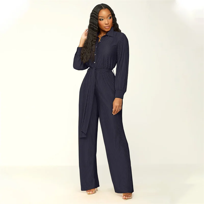 Fashion Lapel Button Half Cardigan Jumpsuit With Belt Women Loose Straight Long Pants Female Comfortable Commuter Casual Rompers