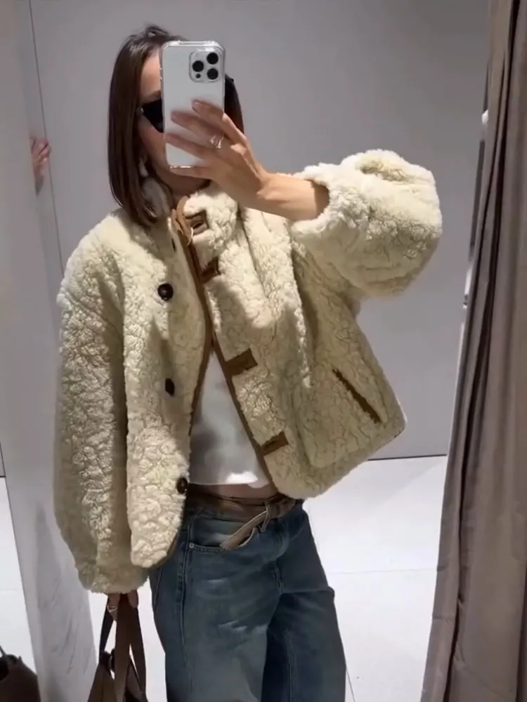 HH 2025 Autumn Winter Women Double Sided Coats Vintage Long Sleeve Faux Lamb Wool Jacket Fashion High Street Lady Chic Outwear