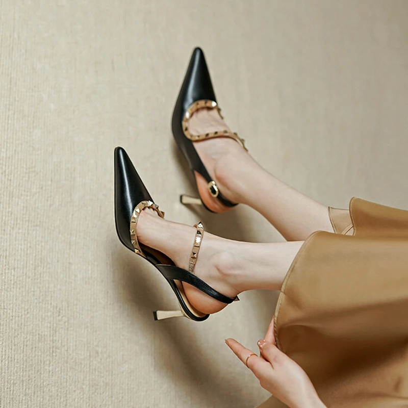 

NEW Summer/Spring Women Shoes Pointed Toe Thin Heel Sandals Rivet High Heels Concise Genuine Leather Shoes Dress Shoes for Women