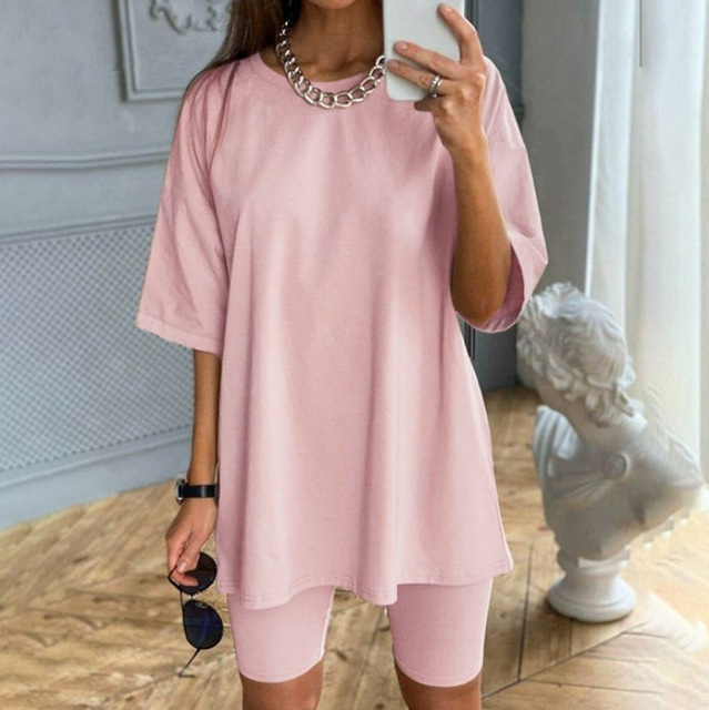 Summer Women Set O Neck Loose Short Sleeve Top Shirt and  Bodycon Cycling Shorts Women Bottom Suit Two Piece Sets Outfit