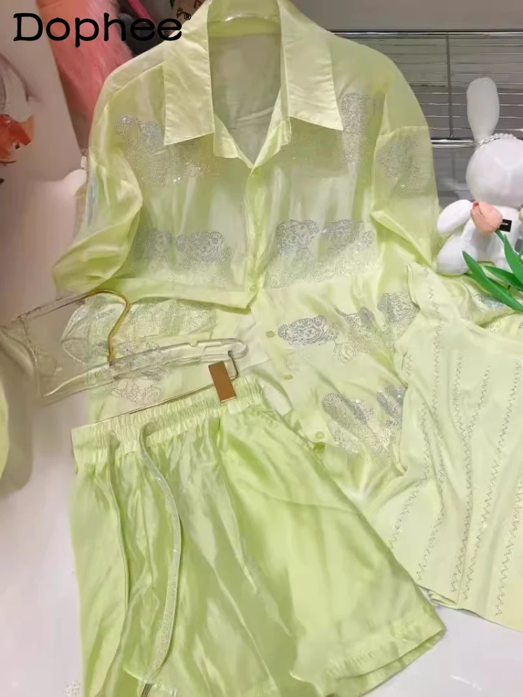 Cartoon Hot Drilling Polo Collar Long-Sleeved Shirt Women Summer Thin Sunscreen Shirt and Loose Casual Shorts Two-Piece Sets