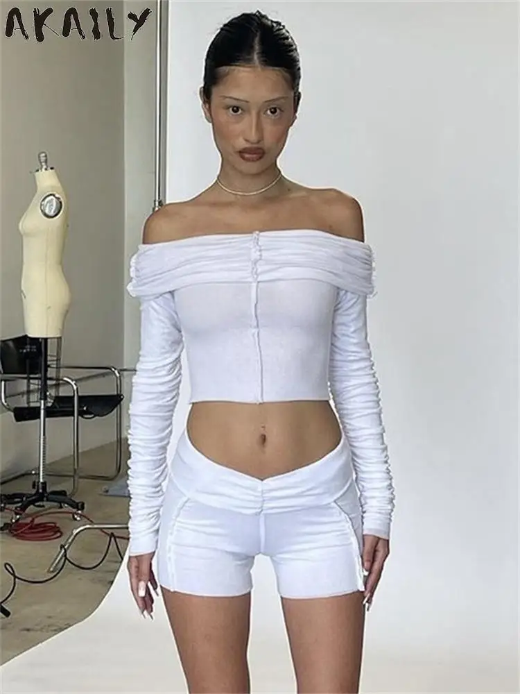 

Akaily осенний белый облегающий укороченный топ с плиссированным рисунком, короткий комплект для женщин 2023 зеленый с открытыми плечами, 2 предмета, короткий комплект