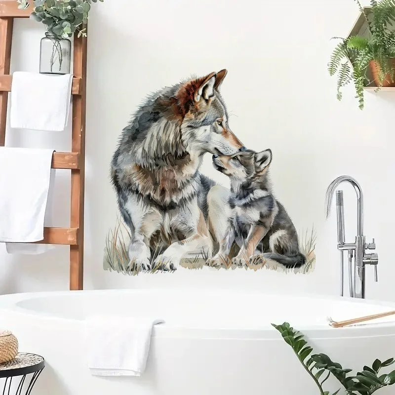 QT685# Wolf And Baby Toilet Stickers Decoration for Living Room, Wall, Bedroom, and Home Decor Car Decals Self-Adhesive