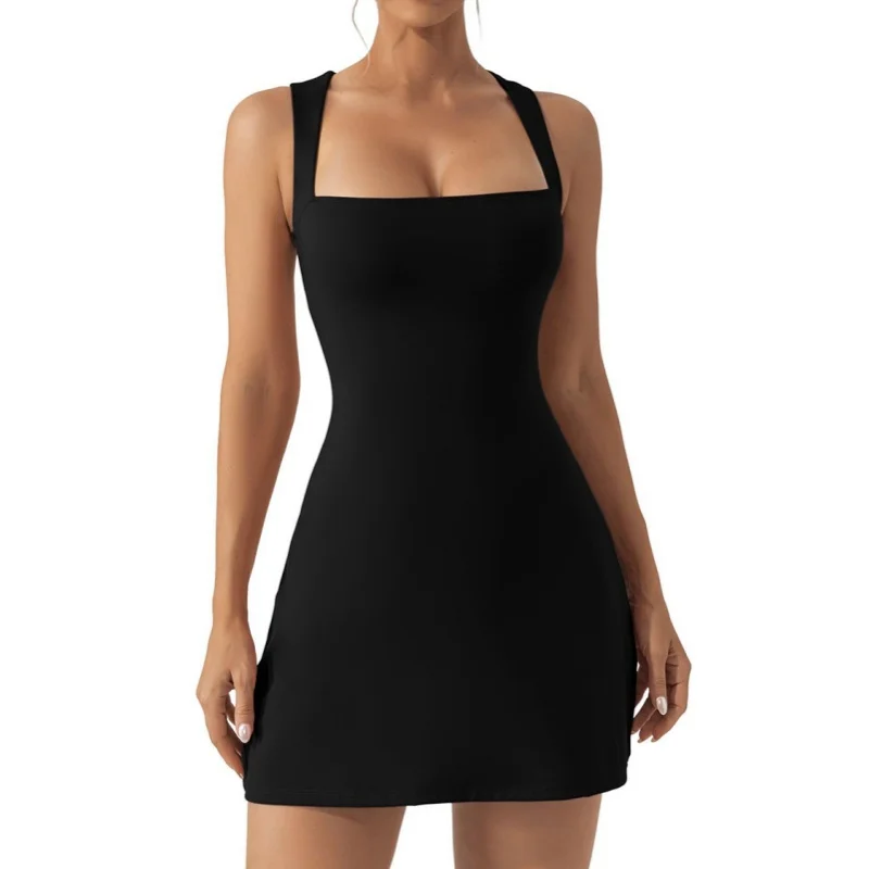 Summer Women Sexy Sleeveless Halter Slim Dress Skirt Solid Color Tennis Skirt Golf Run Sports Exercise