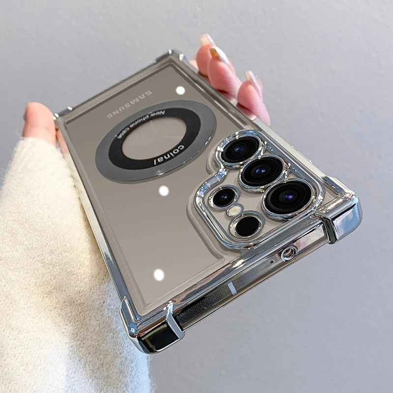 Luxury Plating Magnetic Wireless Charge Case For Samsung S25 S24 Ultra S23 S22 Plus Clear Shockproof Camera Protection Cover