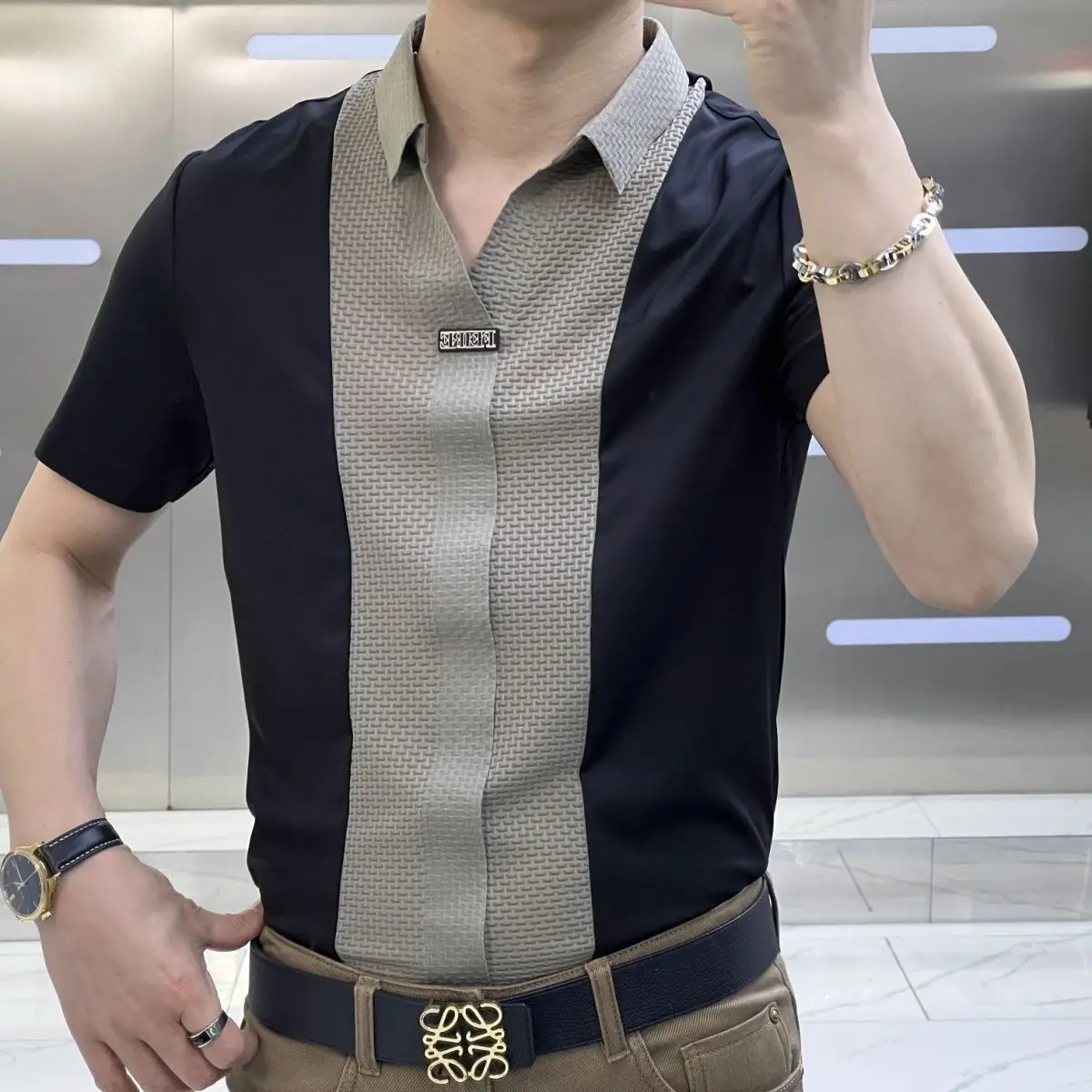 

Summer Brand Luxury Patchwork Business Work wear Short sleeve Polo Shirt Men Dad Slim T shirt 2023 New