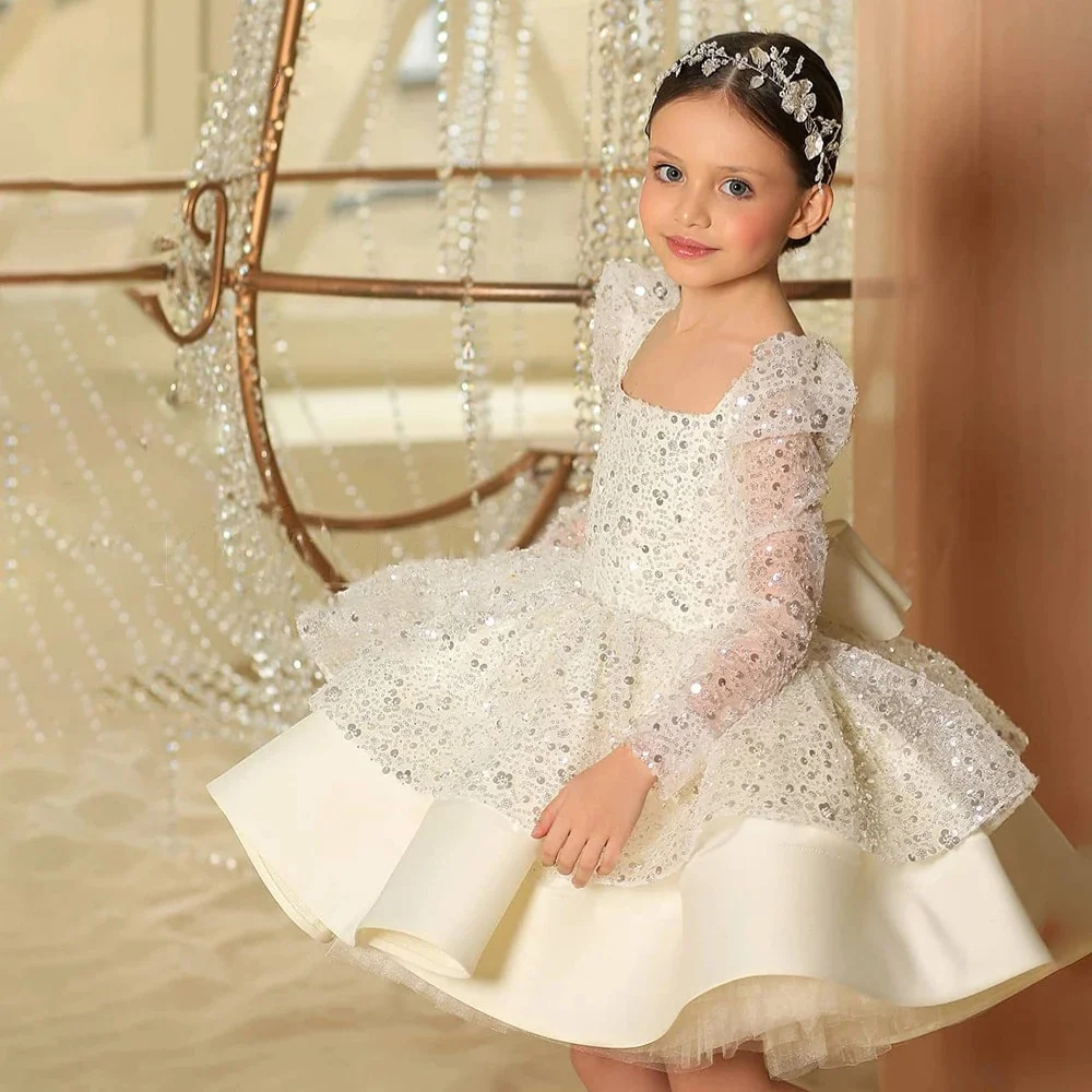 

Glitter Sequin Flower Girl Dresses Long Sleeves Birthday Wedding and Party Guest Robe Prom Princess Communion Christmas Dress