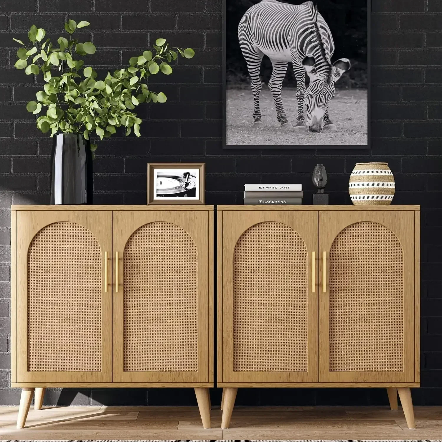 New2025-Rattan Storage Cabinet with Doors, Accent Bathroom Floor Cabinet, Modern Sideboard Buffet Cabinet for Living Room, Entry