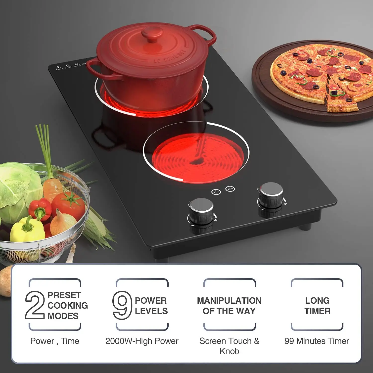 Electric Cooktop,110V 2100W Electric Stove Top with Knob Control, 10 Power Levels, Kids Lock & Timer, Hot Surface Indicator