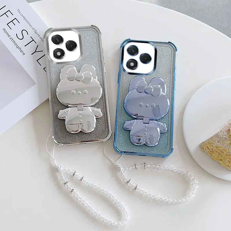 Luxury Shockproof Phone Case with Cute Rabbit Makeup Swivel Stand and Crystal Lanyard