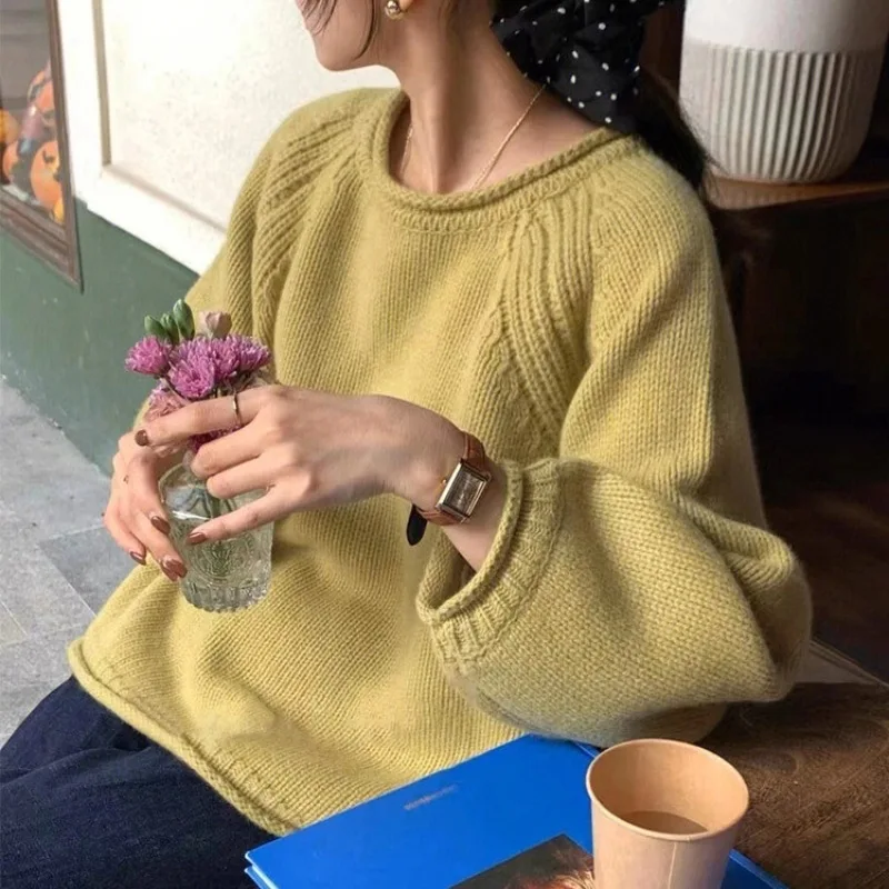 

Korean style lazy style solid color versatile sweater women's fall 2023 new round neck rolled design loose pullover sweater