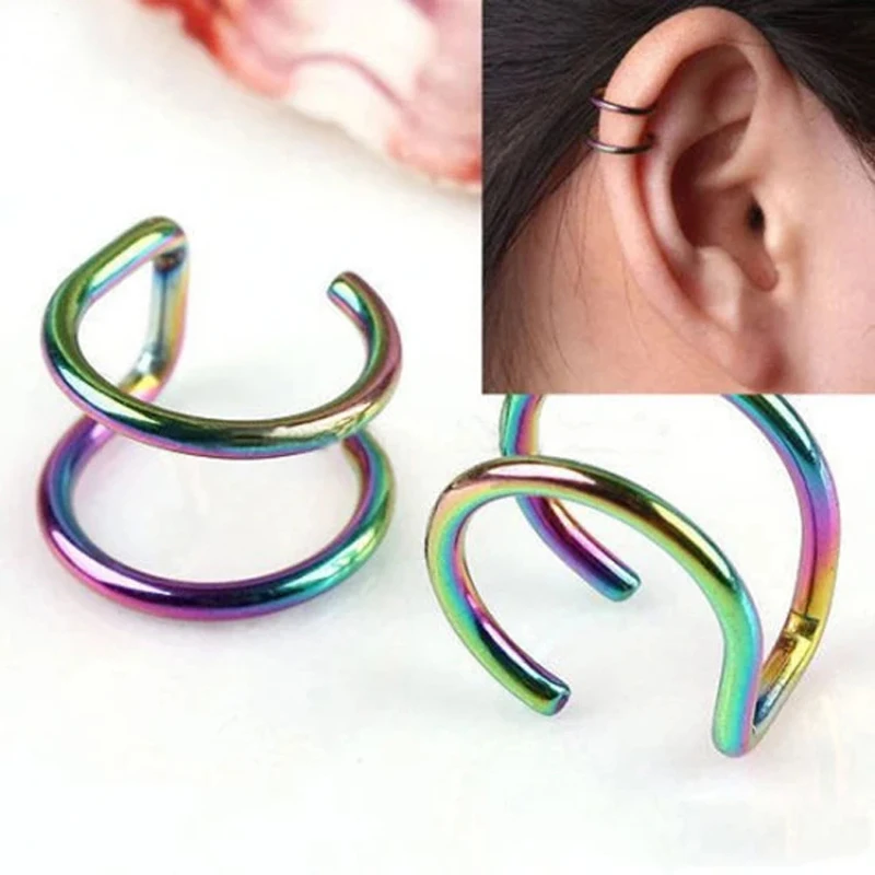 2pcs Stainless Steel Clip Earrings 2-Row Fake Cartilage Ear Nose Lip Cuff Clip On Earrings Gift