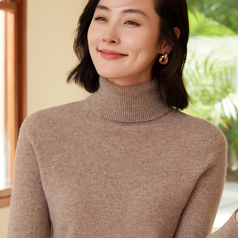 100% Merino Wool Women's Turtleneck Sweater Knit Women's Pullover Sweater 2023 Fall/Winter New Women's Warm Solid Sweater 4