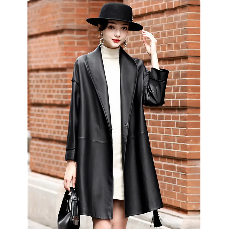 Women's Mid Length Leather Trench Coat, Black Sheepskin, All Matching Coat, Loose V-Neck, Spring and Autumn Fashion women s mid length leather trench coat black sheepskin all matching coat loose v neck spring and autumn fashion