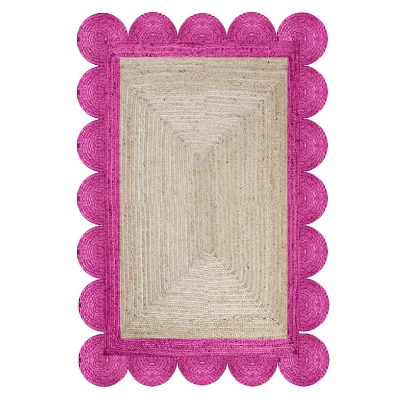 

Natural Jute Area Rug Handmade Living Room Carpet Scalloped Kitchen Pink Kilim