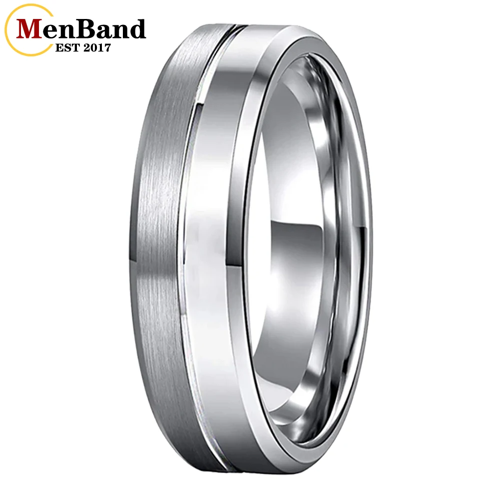 Classic Tungsten Carbide Wedding Band with Beveled Grooved Finish - Comfort Fit