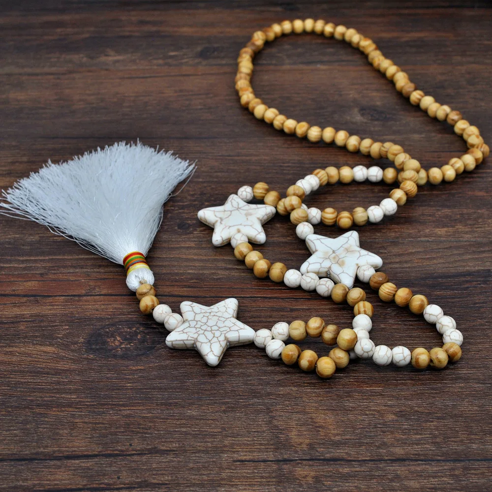Autumn Winter Style White Tassel Wooden Bead Five-pointed Star Hanged Long Necklace Women's Handmade Beaded Sweater Chain