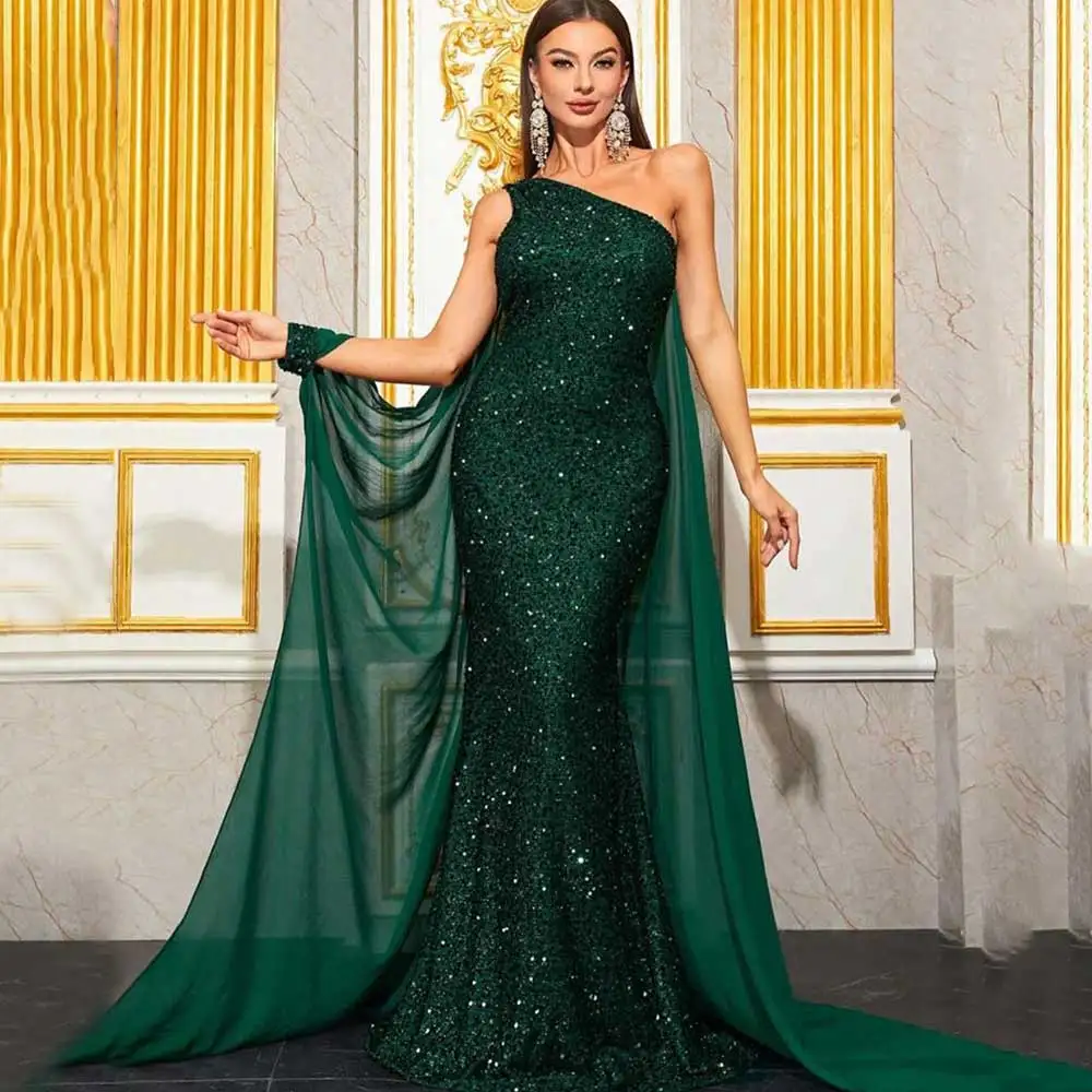 

Sparkling Sequin Prom Gowns Single Shoulder Sleeveless Mermaid Solid Color With Shawl Women's Sexy Party Evening Dress